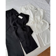 Легкий костюм (свободные брюки на резинке+короткое кимоно-топ с поясом) белый