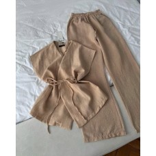 Легкий костюм (свободные брюки на резинке+короткое кимоно-топ с поясом) бежевый
