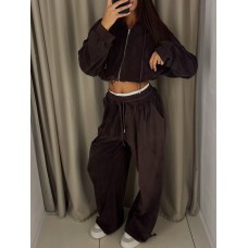 Плюшевый костюм (укороченная кофта с капюшоном+свободные брюки) светло бежевый