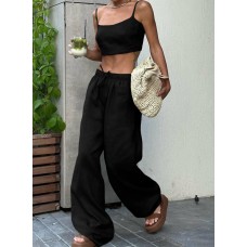 Льняной костюм топ-майка и свободные штаны черный