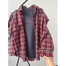 Рубашка в клетку с эффектом надорванных рукавов вишневый