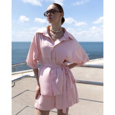 Шелковый костюм (свободная рубашка+удлиненные шорты с карманами) пудра