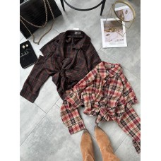 Рубашка в клетку с эффектом надорванных рукавов красный