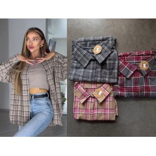 Рубашка с длинным рукавом в клетку оверсайз фланель бордо+графит