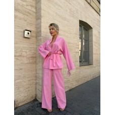 Льняной костюм (кимоно под пояс+брюки) розовый