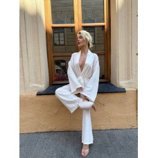 Льняной костюм (кимоно под пояс+брюки) молочный