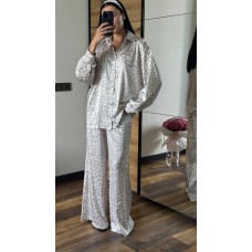 Шелковый Костюм тройка (широкие брюки+рубашка свободногокроя+платок) принт лео серый