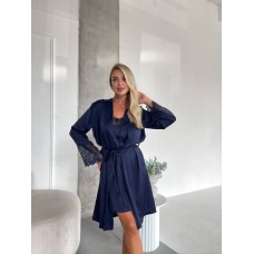 Шелковый костюм (халат под пояс+рубашка на бретельках) темно-синий