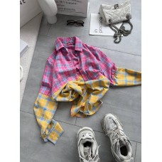 Комбинированная рубашка на пуговицах (фланель) розовый с желтым