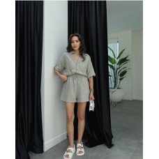 Костюм из льна (шорты с карманами+рубашка с коротким рукавом+спущенным плечом) серый
