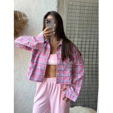 Укороченная рубашка из легкой ткани в клетку розовый+голубой