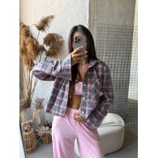 Укороченная рубашка из легкой ткани в клетку графит+розовый