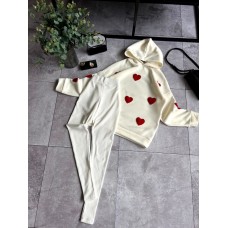 Костюм для прогулок (худи принт сердечки из трехнитки на флисе+лосины из ангоры) молоко