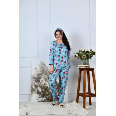 Домашний трикотажный комплект-пижама(кофта+свободные брюки+повязка на голову)принт сердечки голубой