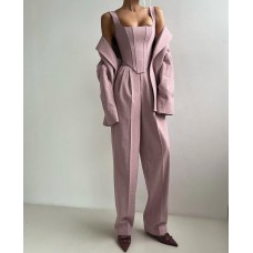 Теплый костюм тройка принт елочка (широкие брюки+топ+пиджак) кашемир розовый