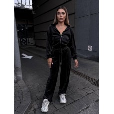 Велюровый костюм двойка: кофта со спущенным рукавом+брюки с высокой посадкой черный