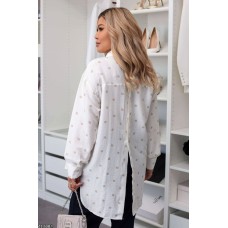 Шелковистая рубашка с разрезом на спине на пуговицах принт горошки-молочный