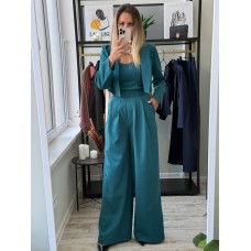 Костюм тройка (топ+свободные брюки+укороченный пиджак) изумруд
