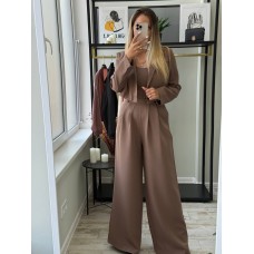 Костюм тройка (топ+свободные брюки+укороченный пиджак) капучино