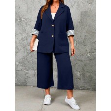 Класичесский костюм: широкие укороченные штаны+пиджак с карманами синий
