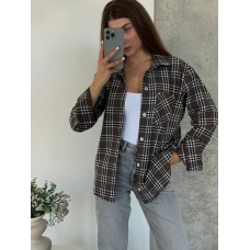 Яркая рубашка в клетку из легкой ткани шоколад+черно-белая полоска