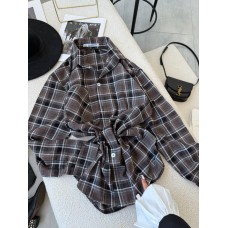 Яркая рубашка в клетку из легкой ткани шоколад+голубая полоска