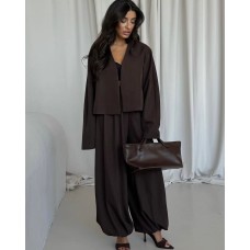 Костюм свободного кроя (укороченный пиджак с широкими плечами+ брюки низ на резинке) шоколад