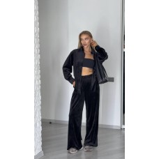 Велюровый костюм: прямая рубашка+штаны свободные черный