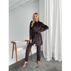 Пижамный комплект-тройка: футболка+халат с поясом+штаны шоколадный