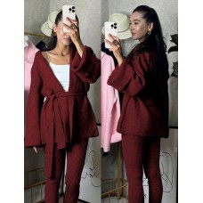 Костюм двойка кардиган с поясом+штаны бордо