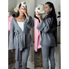 Костюм двойка кардиган с поясом+штаны серый