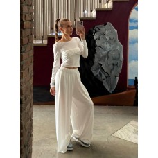 Костюм лонгслив+широкие брюки с высокой посадкой (вискоза) молоко