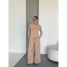 Мягкий базовый костюм: кофта+прямые свободные штаны бежевый
