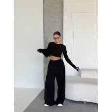 Мягкий базовый костюм: кофта+прямые свободные штаны черный