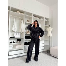 Женский велюровый костюм: Кофта с капюшоном+Брюки с карманами черный