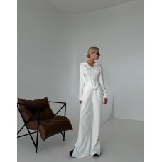 Костюм (кофта на молнии интересный крой по талии+свободные брюки) белый