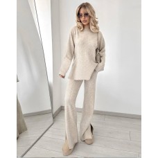 Ангоровый Костюм Женский - кофта+штаны с разрезами беж